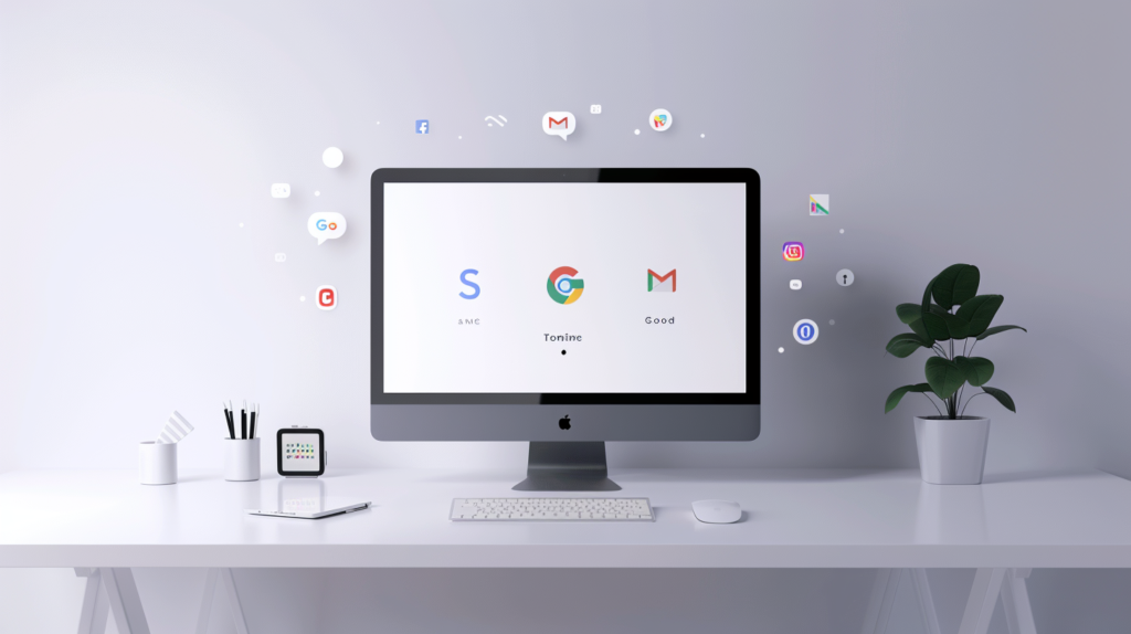 a sleek modern computer monitor on a clean minimal desk displaying the Anthropic Claude logo on screen, surrounding the monitor are floating translucent logos of Gmail, Google Calendar, Slack, YouTube, Obsidian, WordPress, and other productivity apps, all connected by soft glowing light trails, clean white background, soft ambient lighting, minimalist digital illustration style, professional and modern